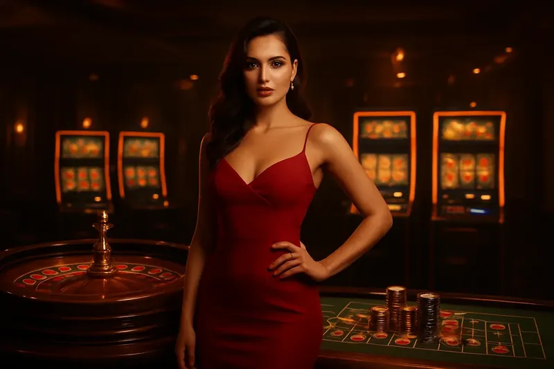 Elegant Casino Banner Beautiful woman in red dress stands confidently near roulette and slot machines in a luxury Bangladeshi casino setting with neon lights, gold coins, and poker chips