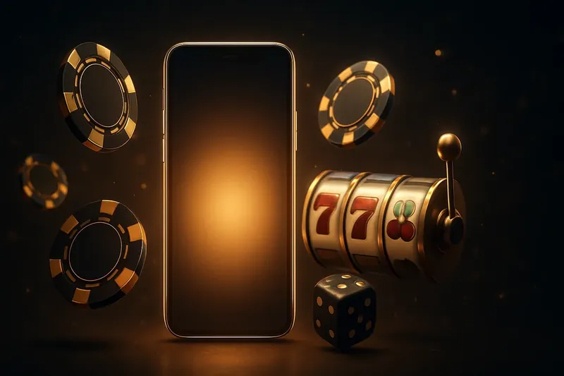 Casino Banner Smartphone Glowing smartphone surrounded by casino chips, slot reels, and dice on dark luxurious background